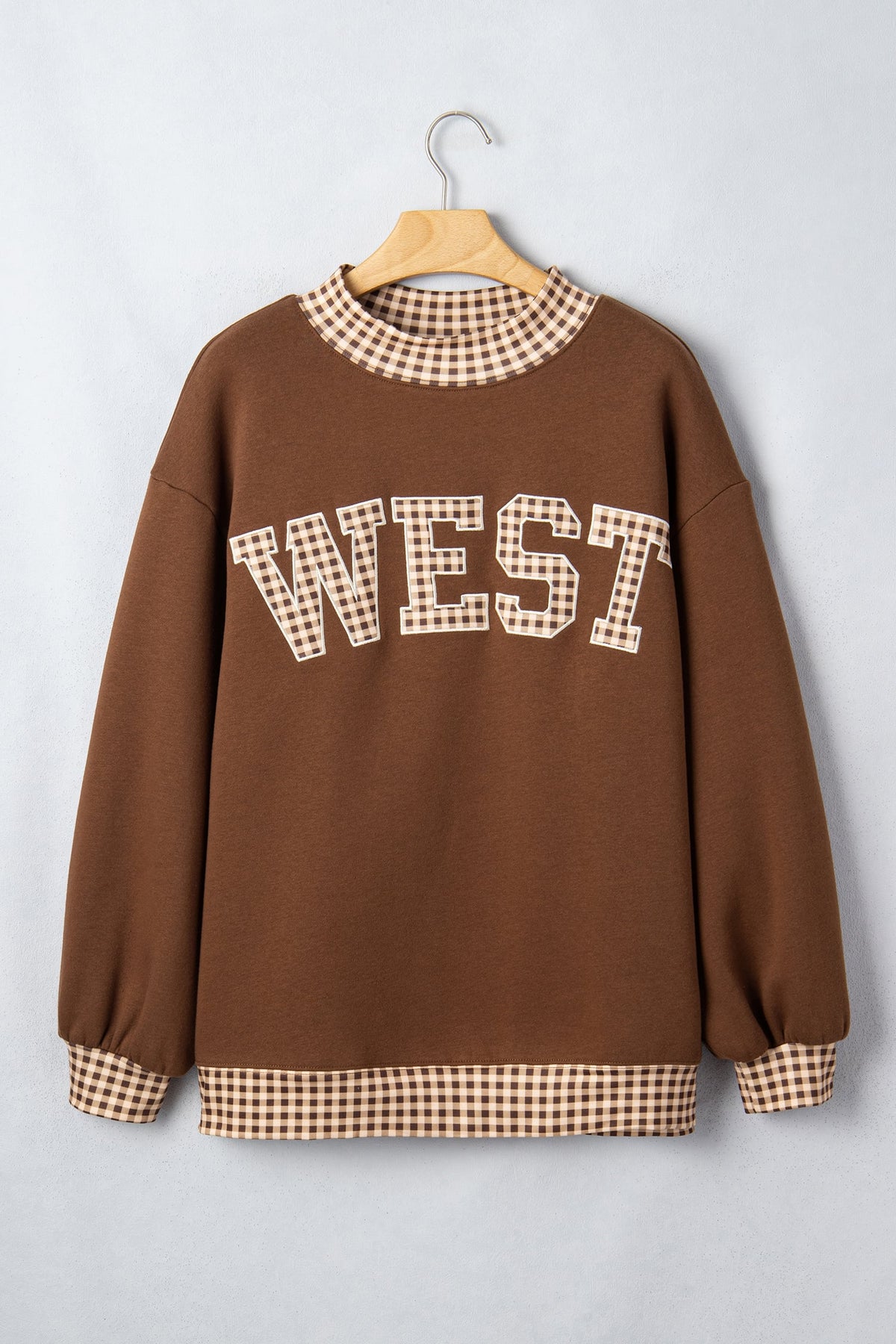 Chicory Coffee Plaid Trim High Neck WEST Letter Graphic Baggy Sweatshirt
