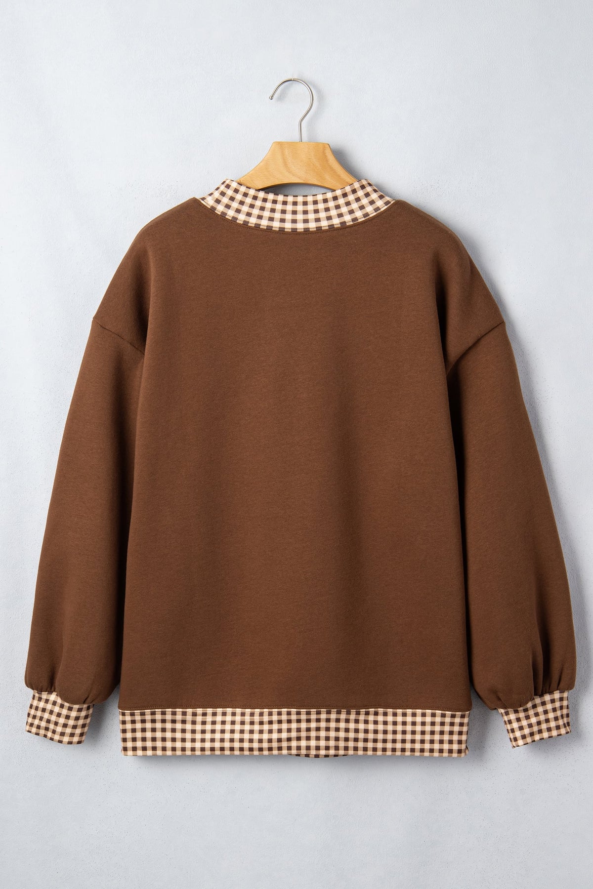 Chicory Coffee Plaid Trim High Neck WEST Letter Graphic Baggy Sweatshirt