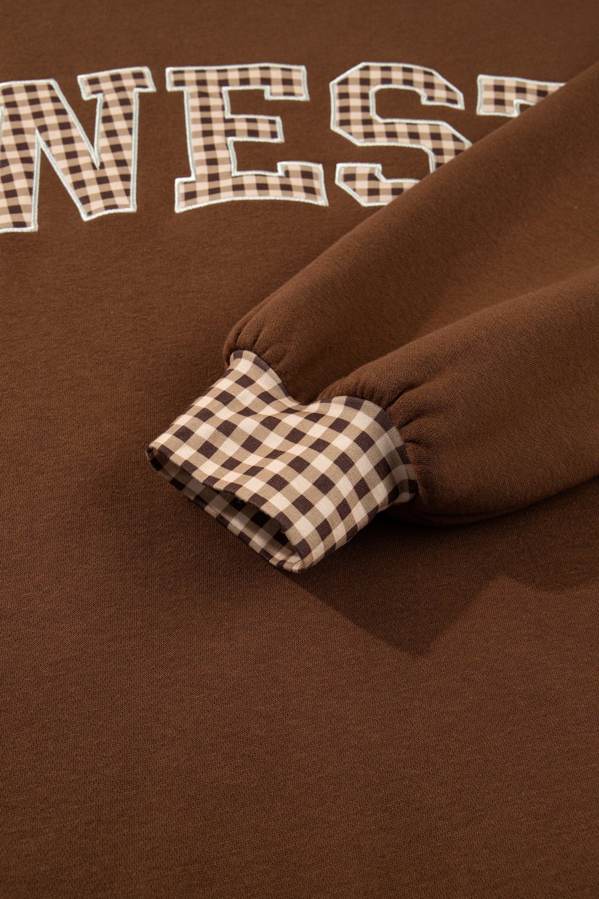 Chicory Coffee Plaid Trim High Neck WEST Letter Graphic Baggy Sweatshirt