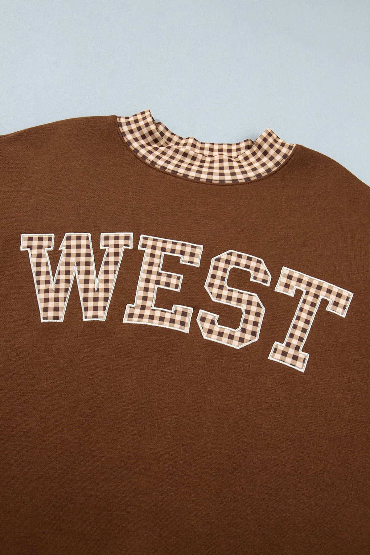 Chicory Coffee Plaid Trim High Neck WEST Letter Graphic Baggy Sweatshirt