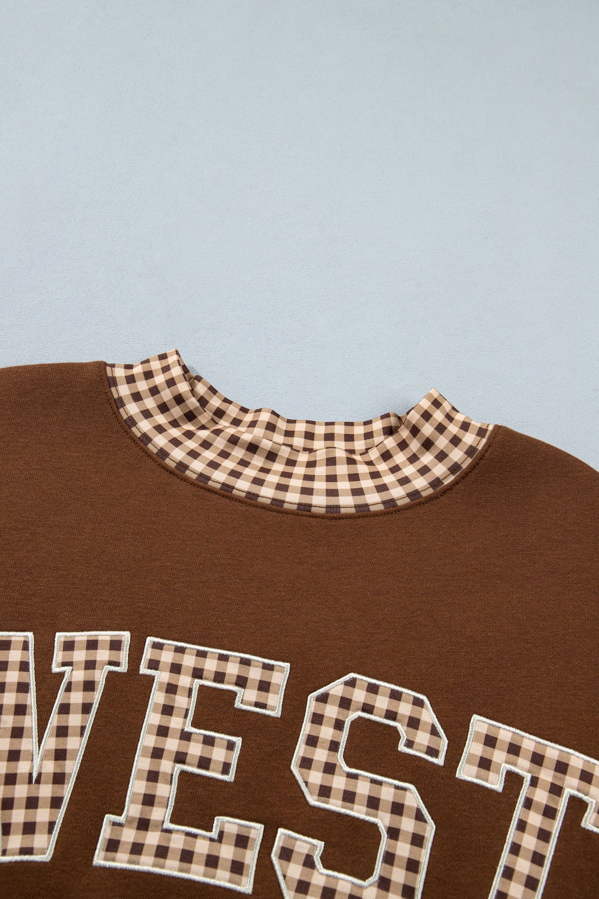Chicory Coffee Plaid Trim High Neck WEST Letter Graphic Baggy Sweatshirt