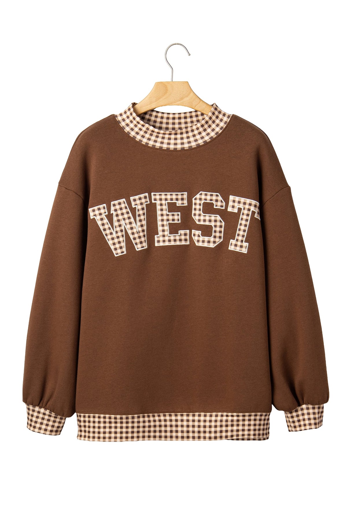 Chicory Coffee Plaid Trim High Neck WEST Letter Graphic Baggy Sweatshirt