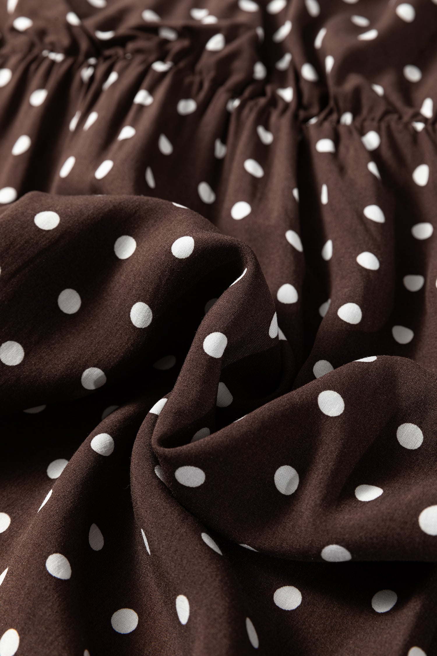 Chicory Coffee Polka Dot Long Sleeve Wrap V Neck Ruffle Hem Mini Dress