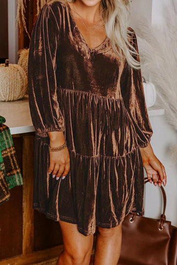 Chicory Coffee Solid Color Velvet V Neck Long Sleeve Tiered Mini Dress
