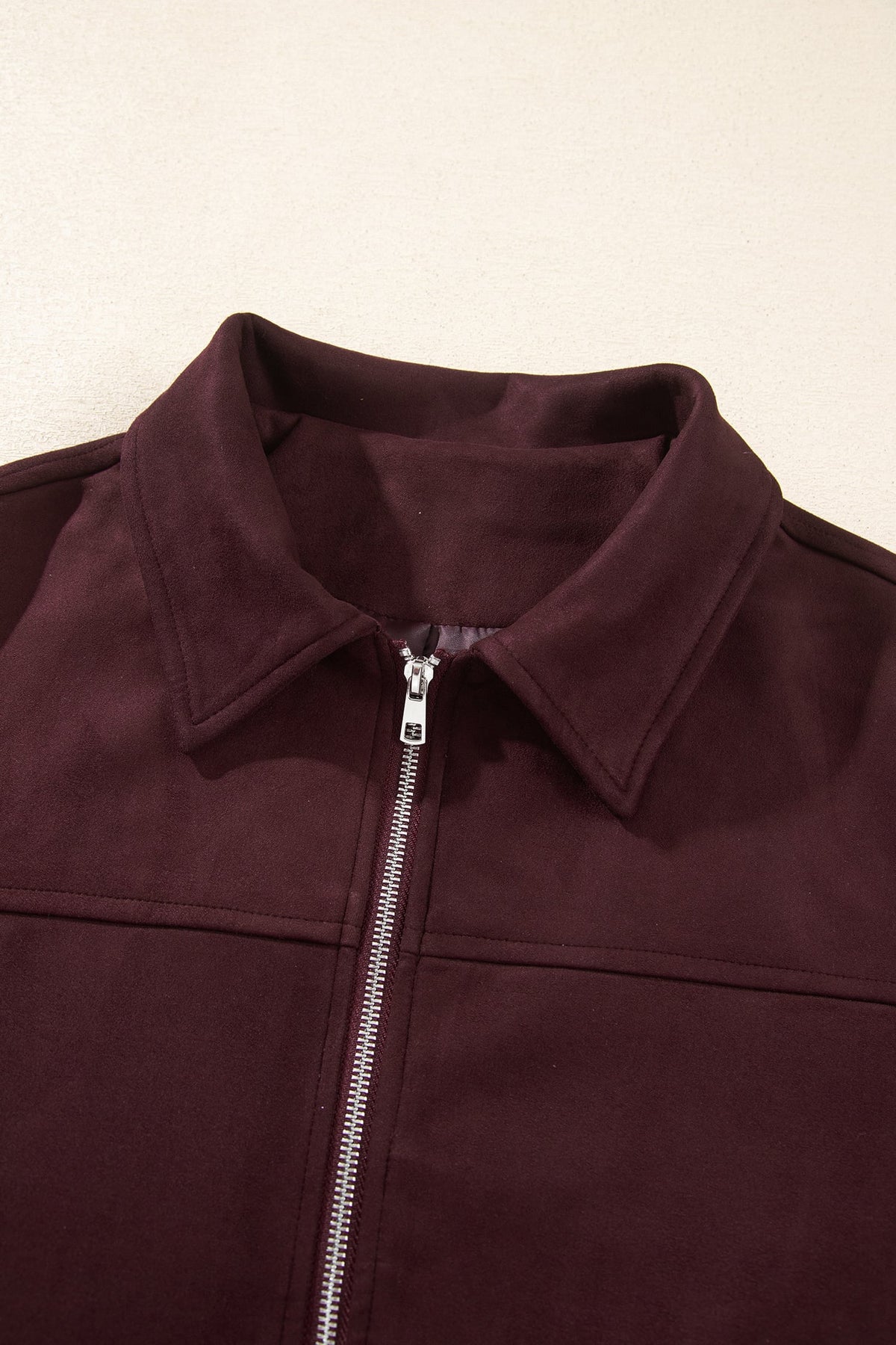 Chicory Coffee Solid Zip-up Metal Placket Collar Long Sleeve Jacket