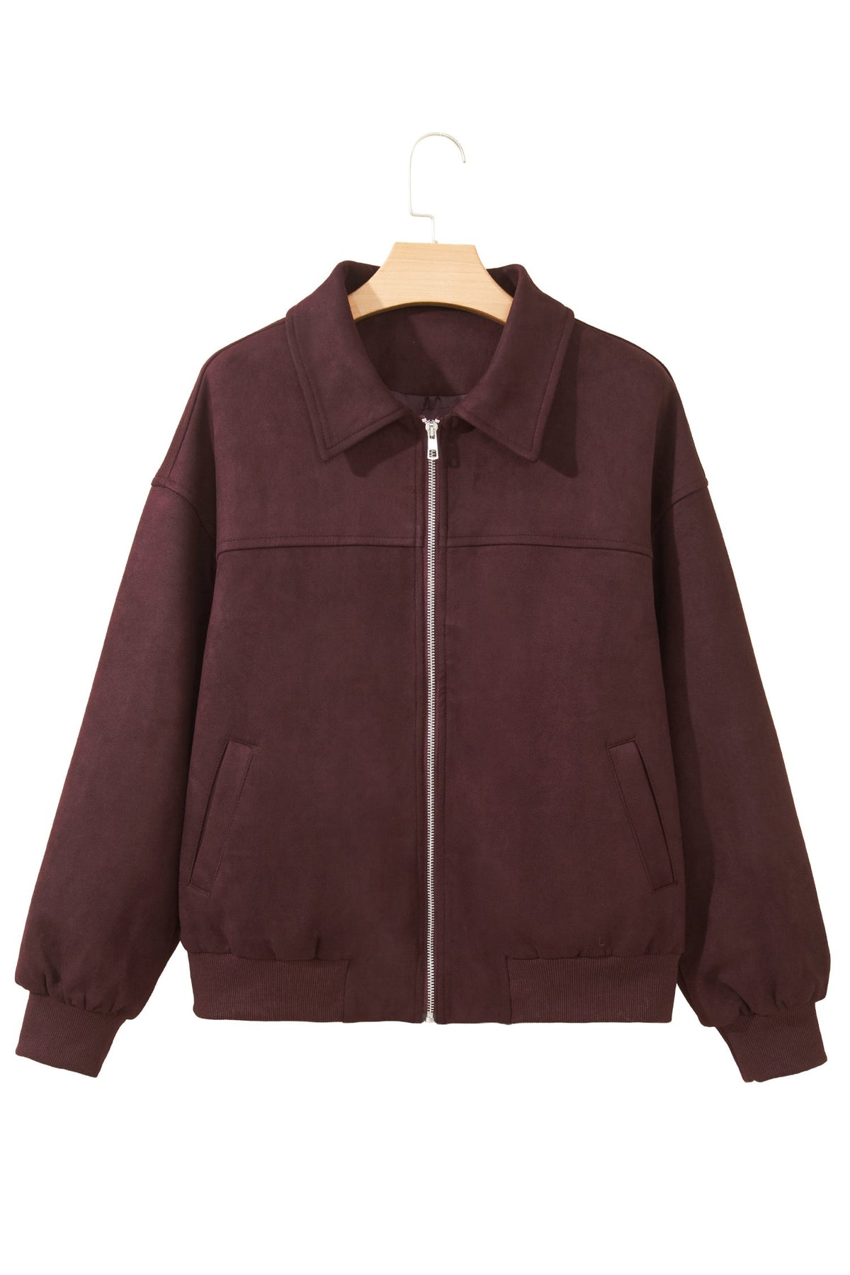 Chicory Coffee Solid Zip-up Metal Placket Collar Long Sleeve Jacket
