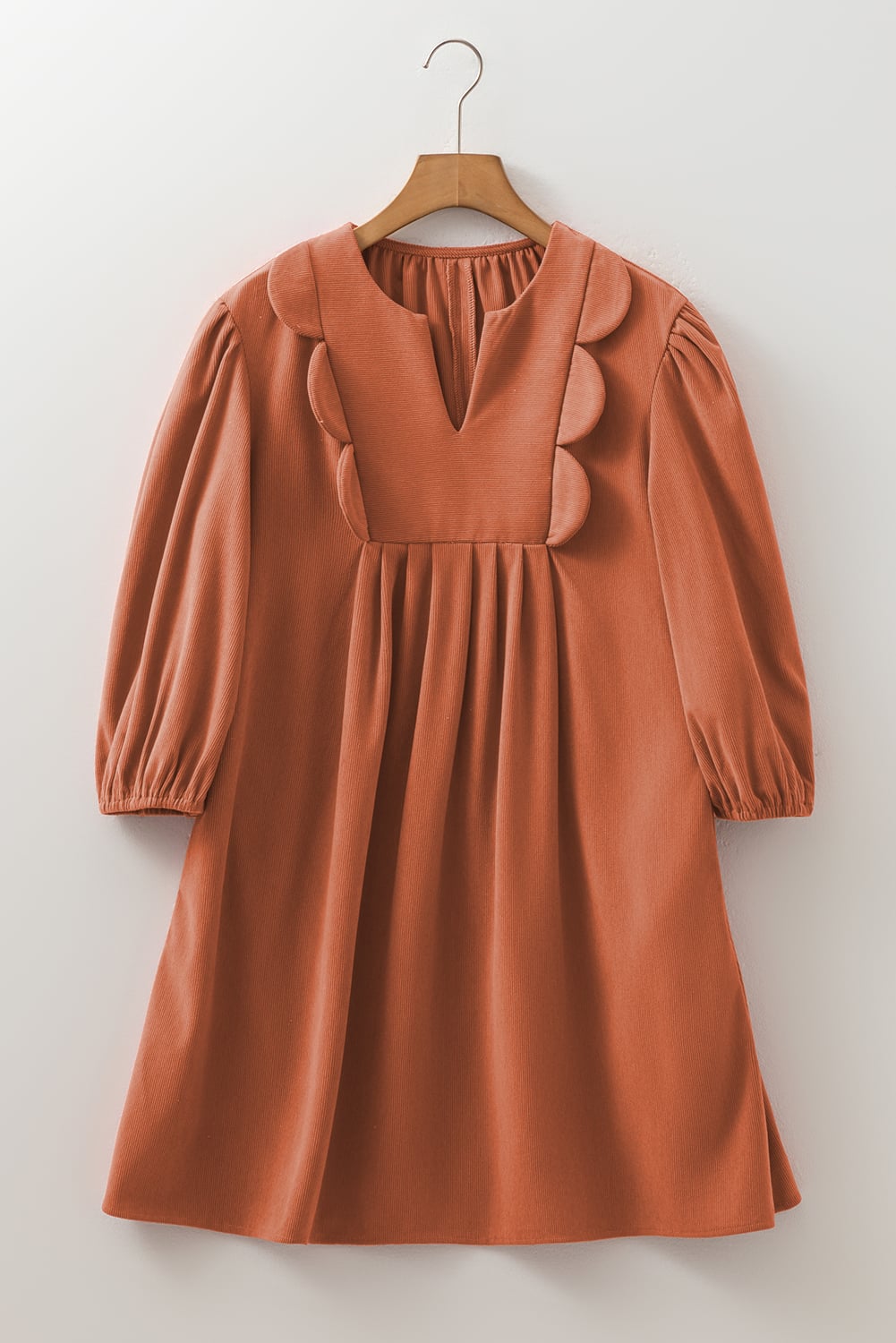 Cinnamon Bracelet Sleeve Split Neck Scallop Detail Pleated Corduroy Mini Dress