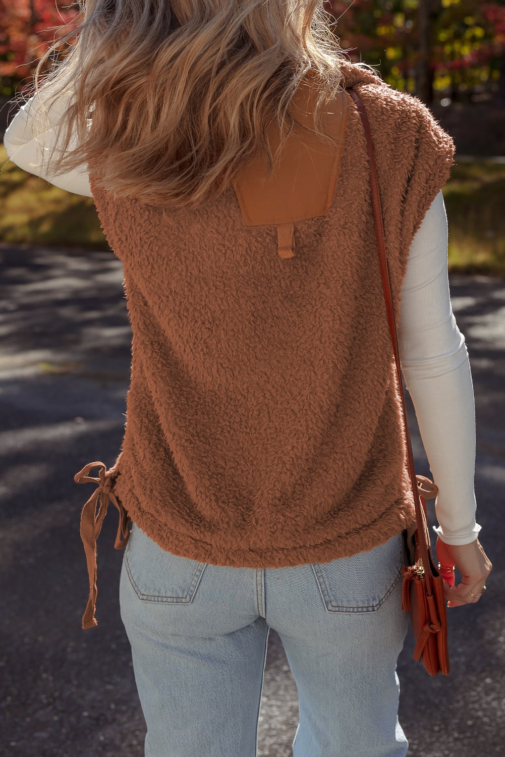 Cinnamon Faux Fur Snap Button Front Knot Side Plush Vest with Pockets