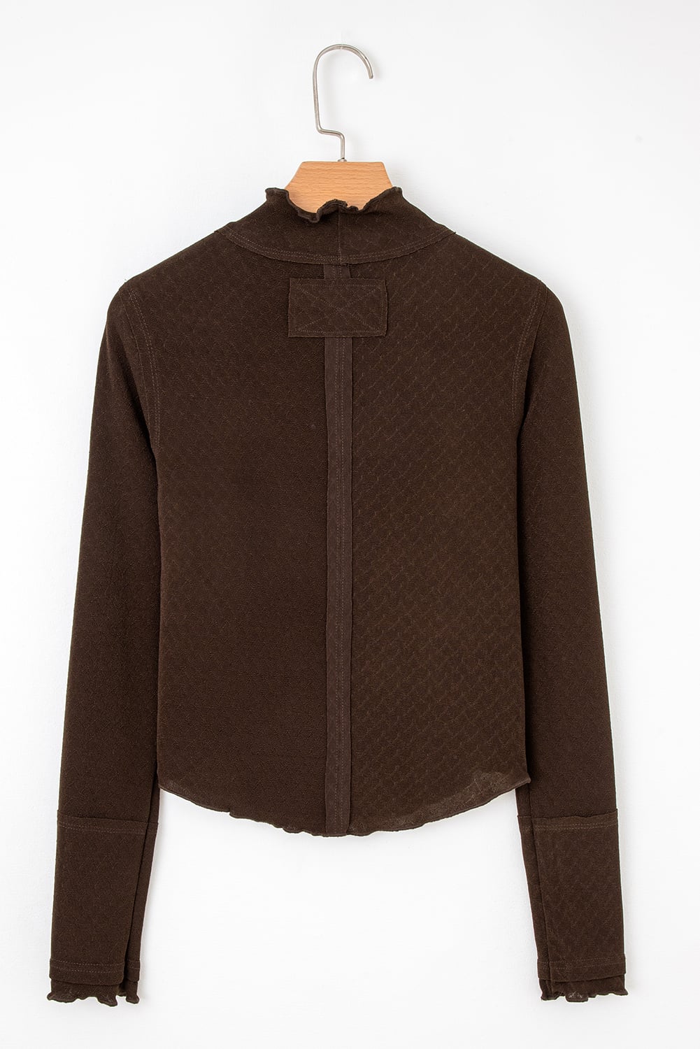 Cinnamon Lettuce Trim Raw Seam Patchwork Jacquard Long Sleeve Top