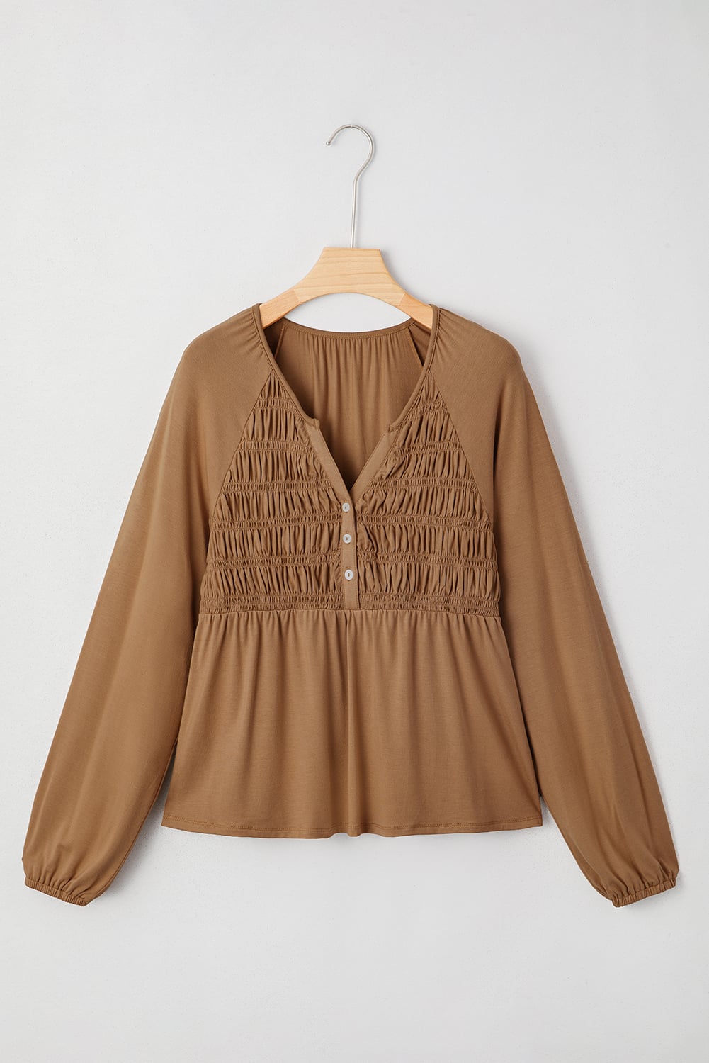 Cinnamon Smocked Bust Buttoned Split V Neck Flow Fit Blouse