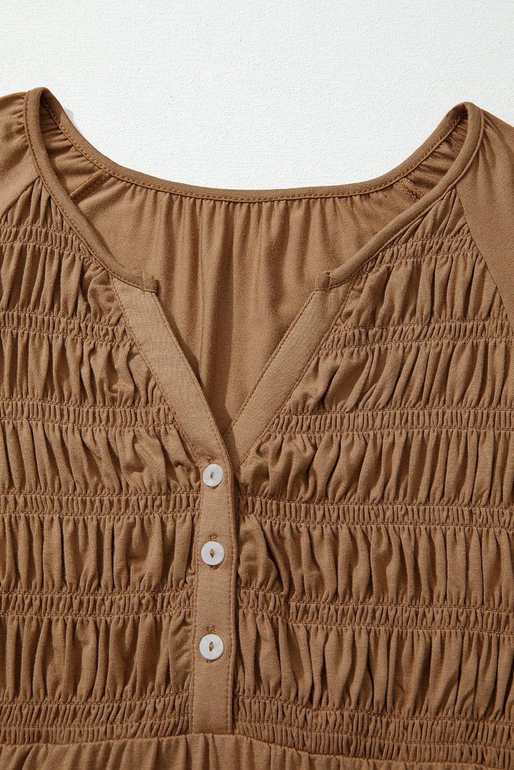 Cinnamon Smocked Bust Buttoned Split V Neck Flow Fit Blouse
