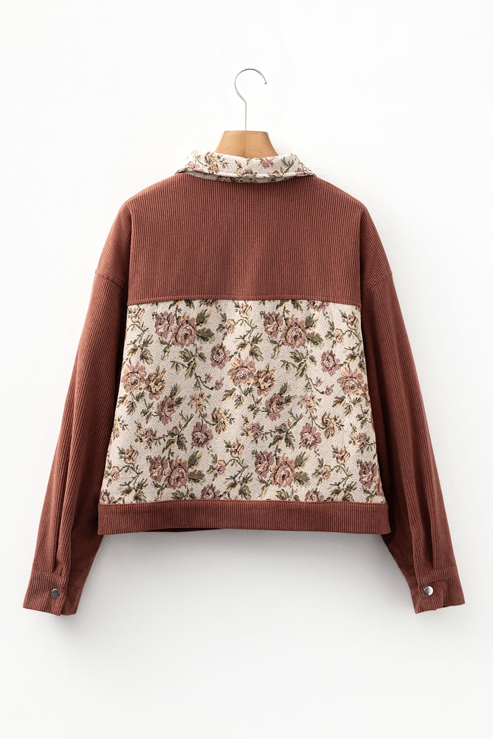 Clay Ribbed Retro Floral Patchwork Shirt Style Jacket
