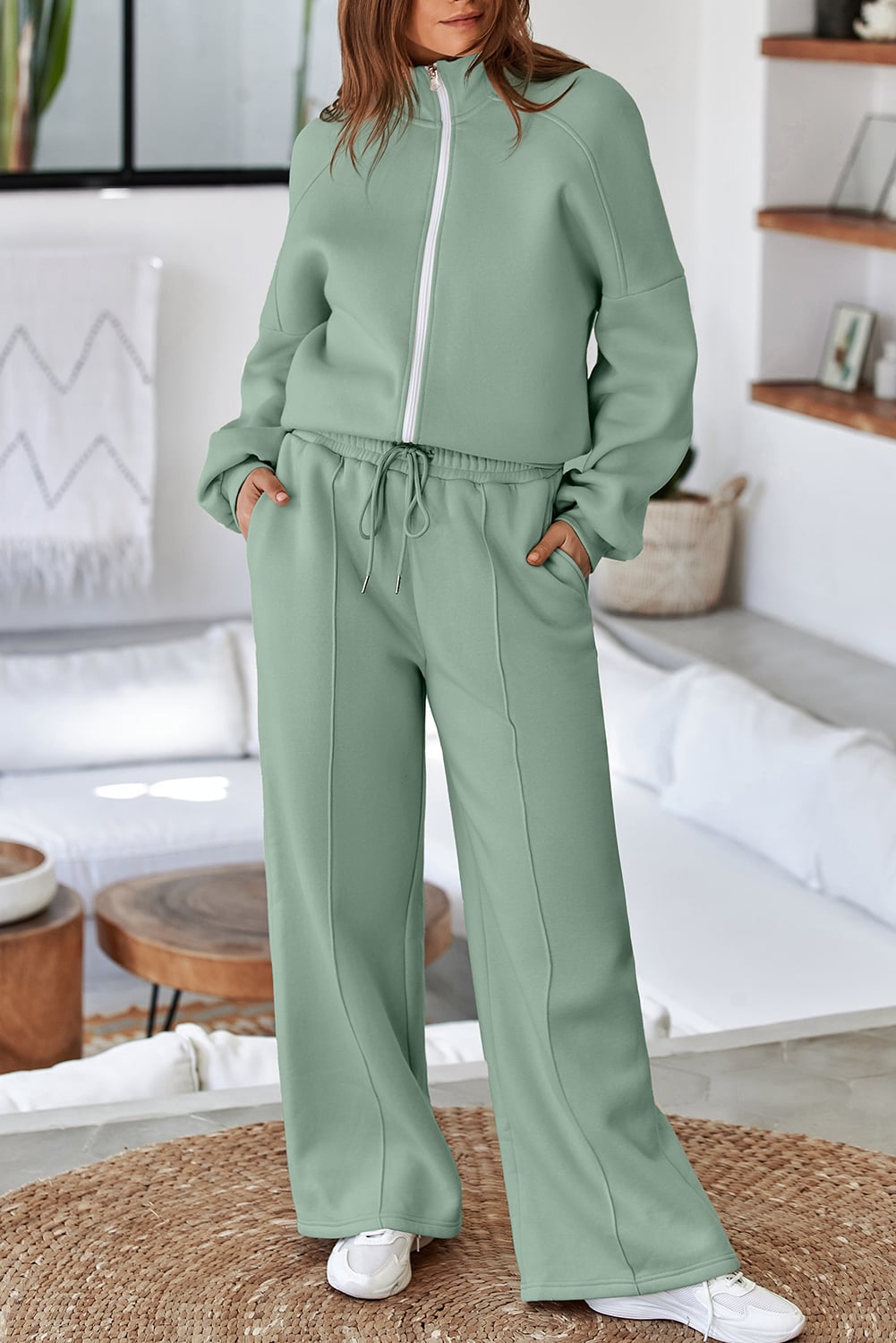 Clearly Aqua Drop Shoulder Zip Up Jacket Drawstring Pants Active 2pcs Set