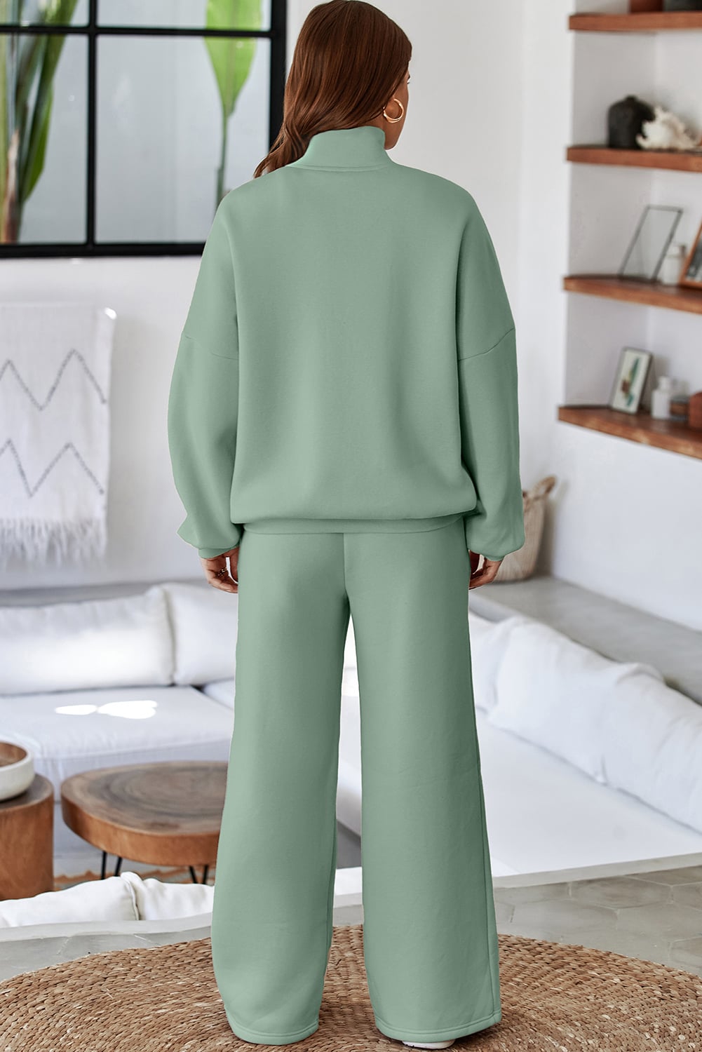 Clearly Aqua Drop Shoulder Zip Up Jacket Drawstring Pants Active 2pcs Set