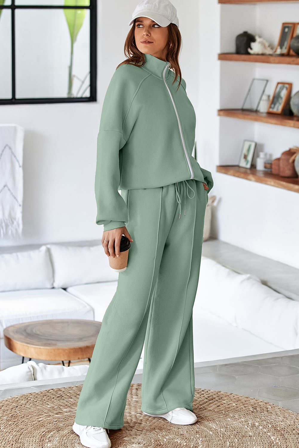 Clearly Aqua Drop Shoulder Zip Up Jacket Drawstring Pants Active 2pcs Set