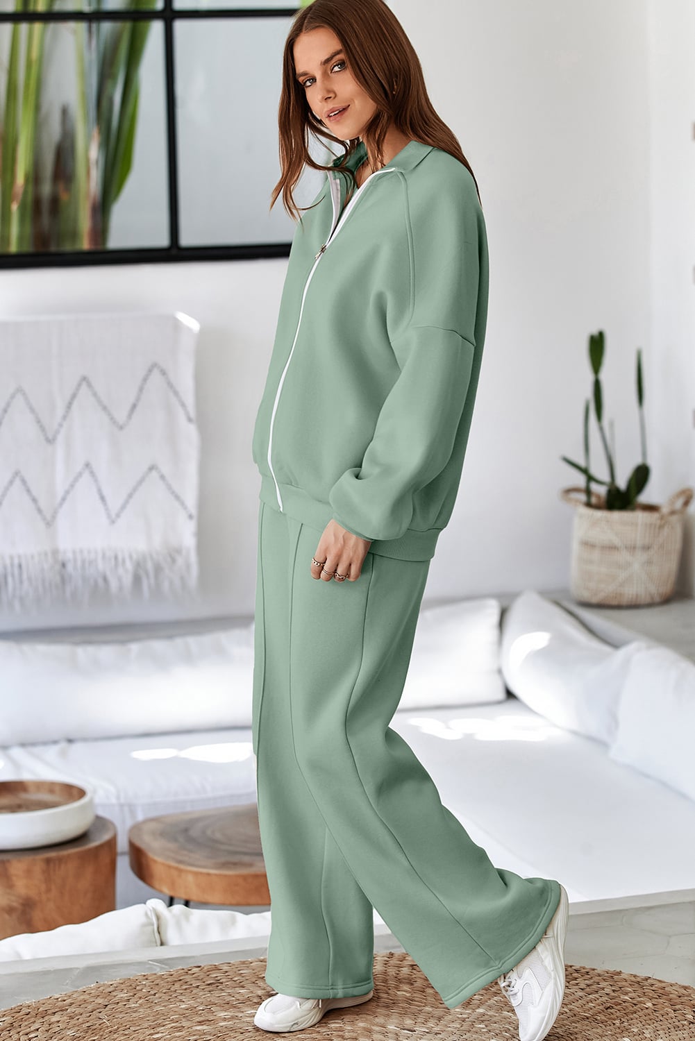 Clearly Aqua Drop Shoulder Zip Up Jacket Drawstring Pants Active 2pcs Set