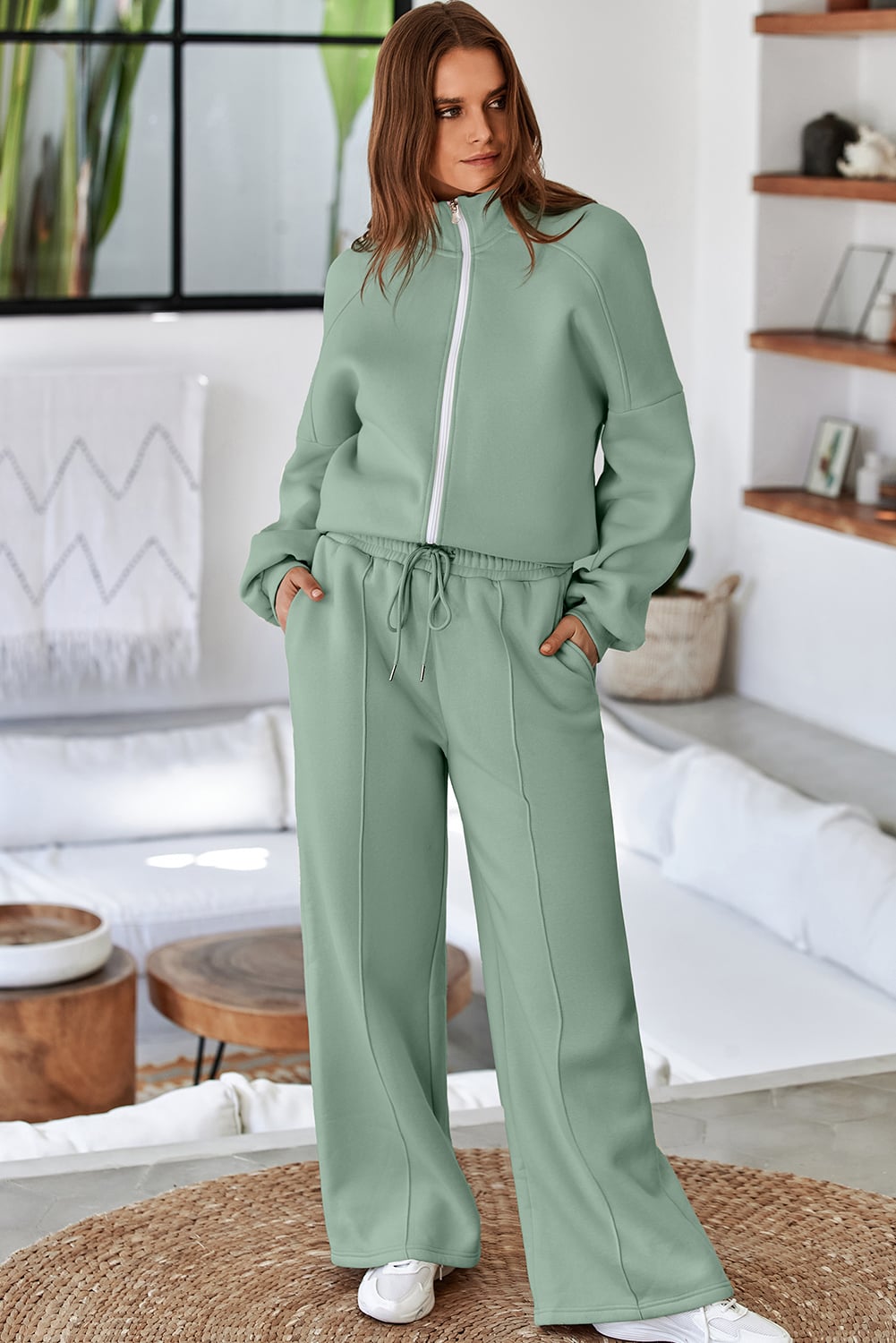 Clearly Aqua Drop Shoulder Zip Up Jacket Drawstring Pants Active 2pcs Set