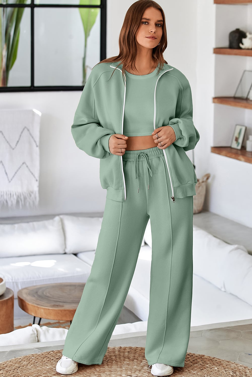 Clearly Aqua Drop Shoulder Zip Up Jacket Drawstring Pants Active 2pcs Set