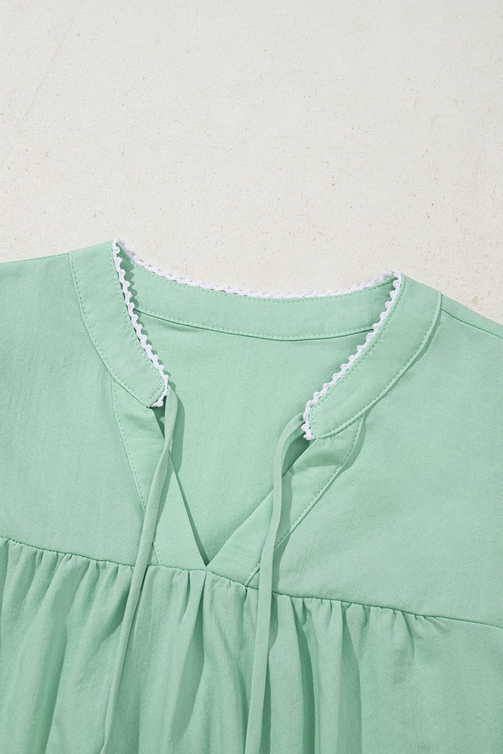 Clearly Aqua Floral Embroidered Puff Sleeve Split Neck Blouse