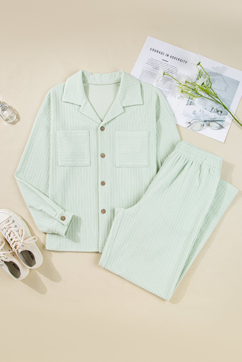 Clearly Aqua Textured Patched Chest Pocket Shirt and Pants Set