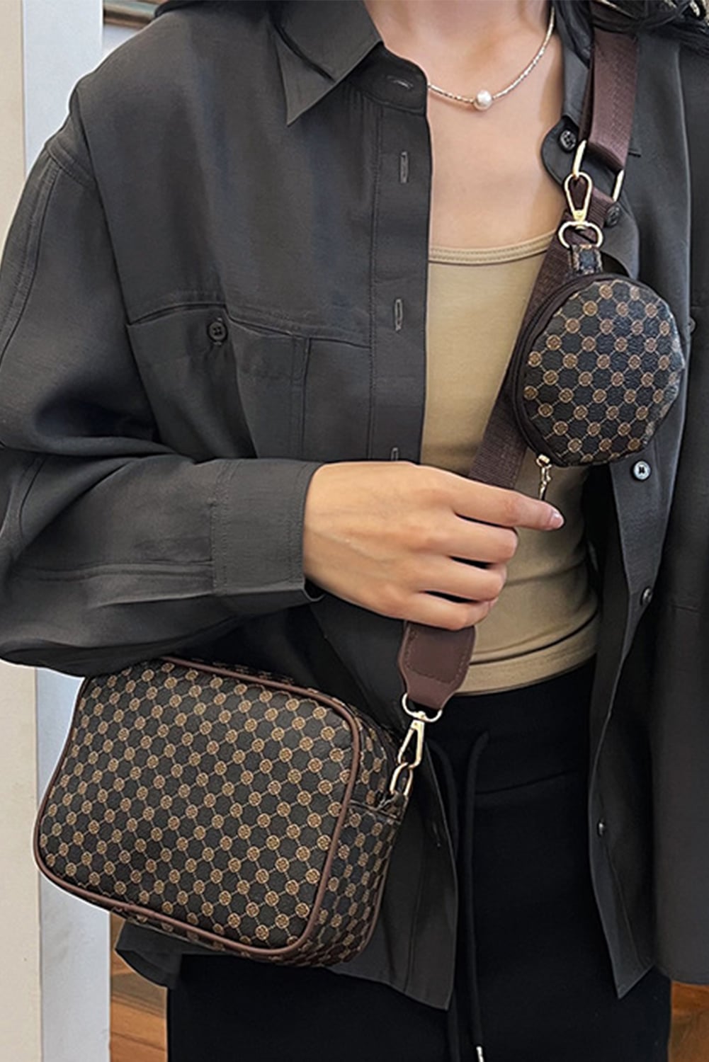 Coffee PU Leather Geometric Pattern Adjustable Strap Shoulder Bag with Wallet