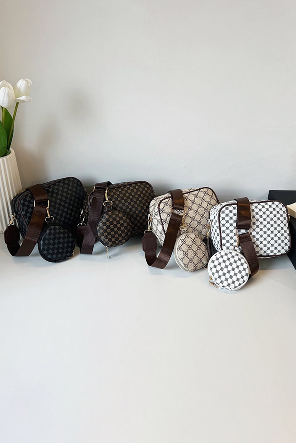 Coffee PU Leather Geometric Pattern Adjustable Strap Shoulder Bag with Wallet