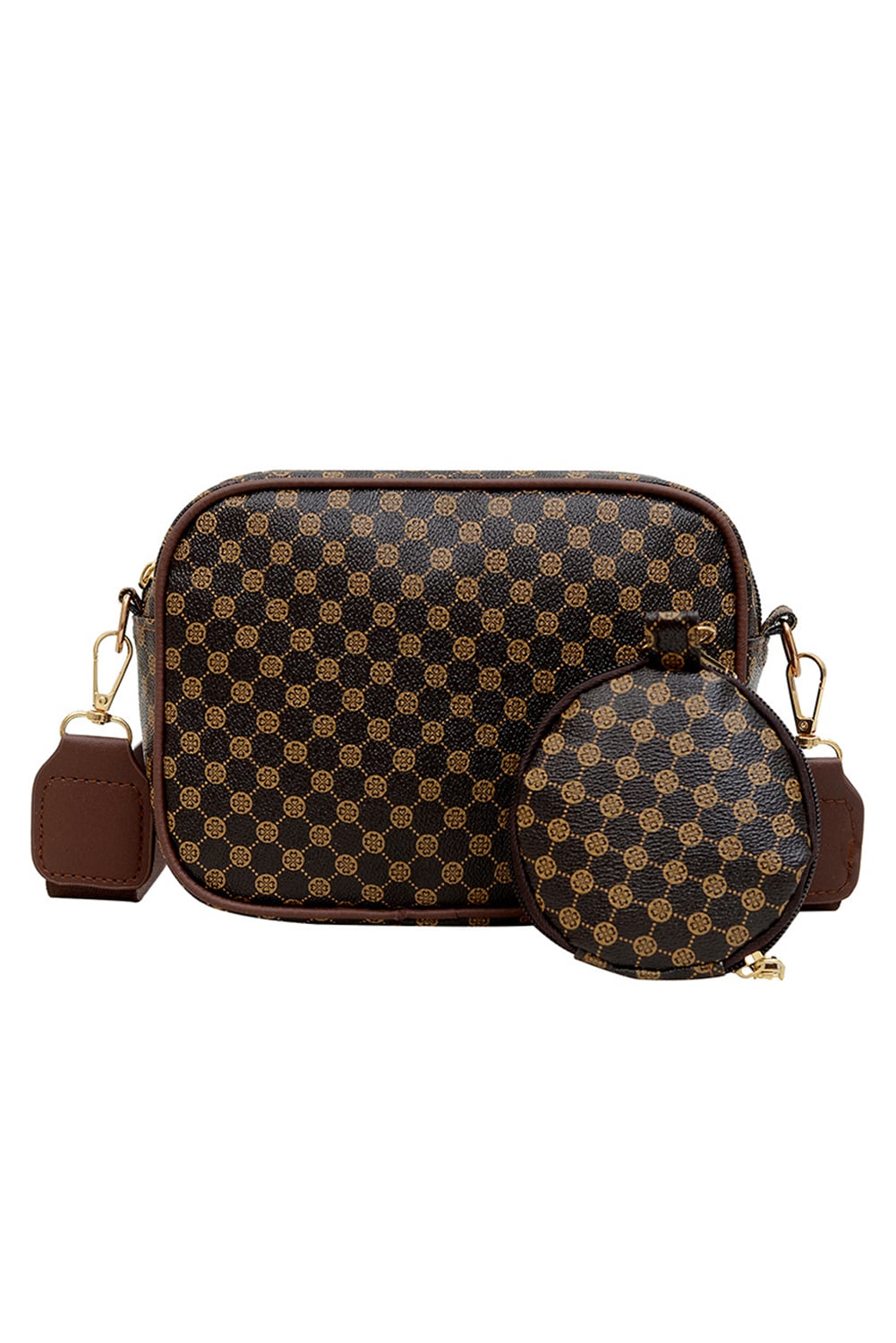 Coffee PU Leather Geometric Pattern Adjustable Strap Shoulder Bag with Wallet