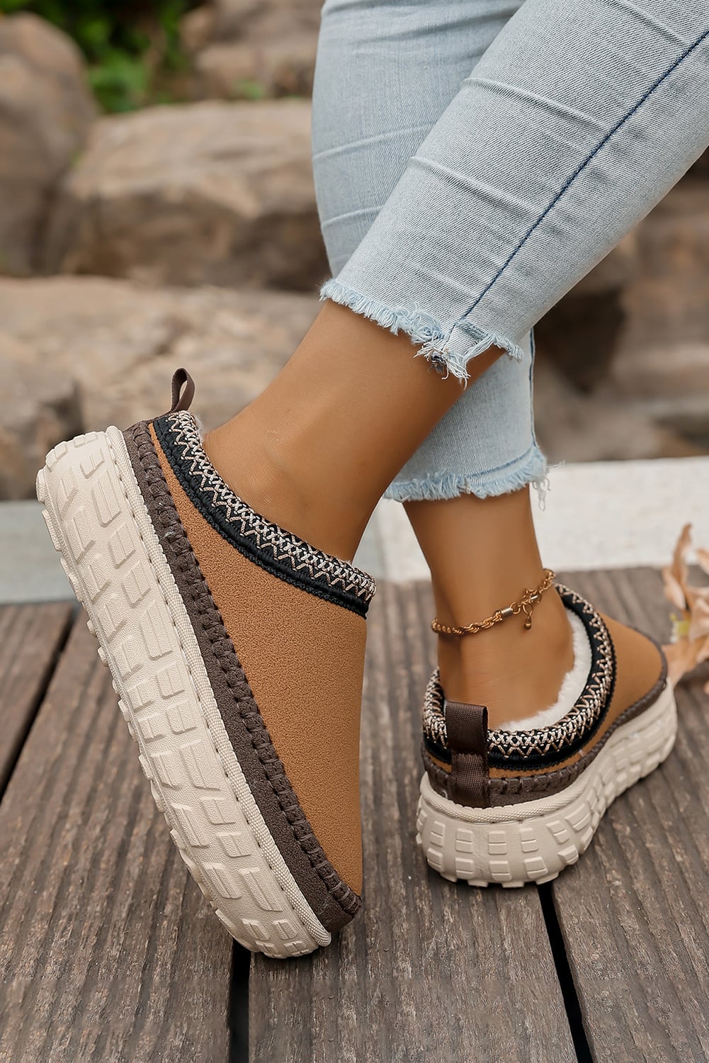 Coffee Faux Suede Woven Trim Plush Lining Platform Slippers