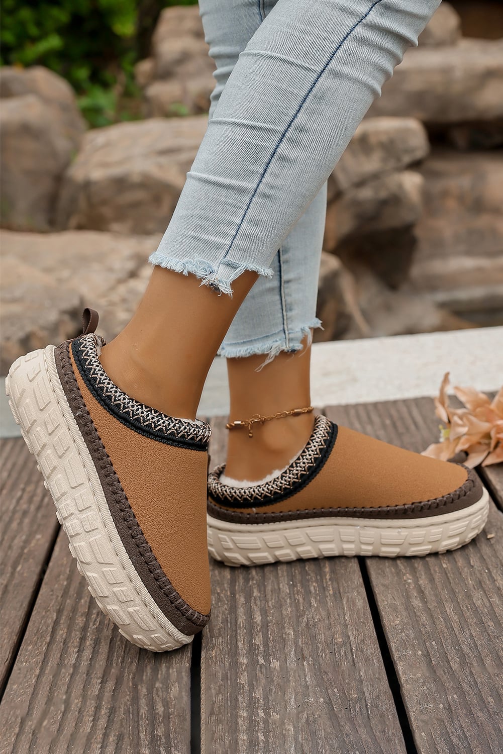 Coffee Faux Suede Woven Trim Plush Lining Platform Slippers