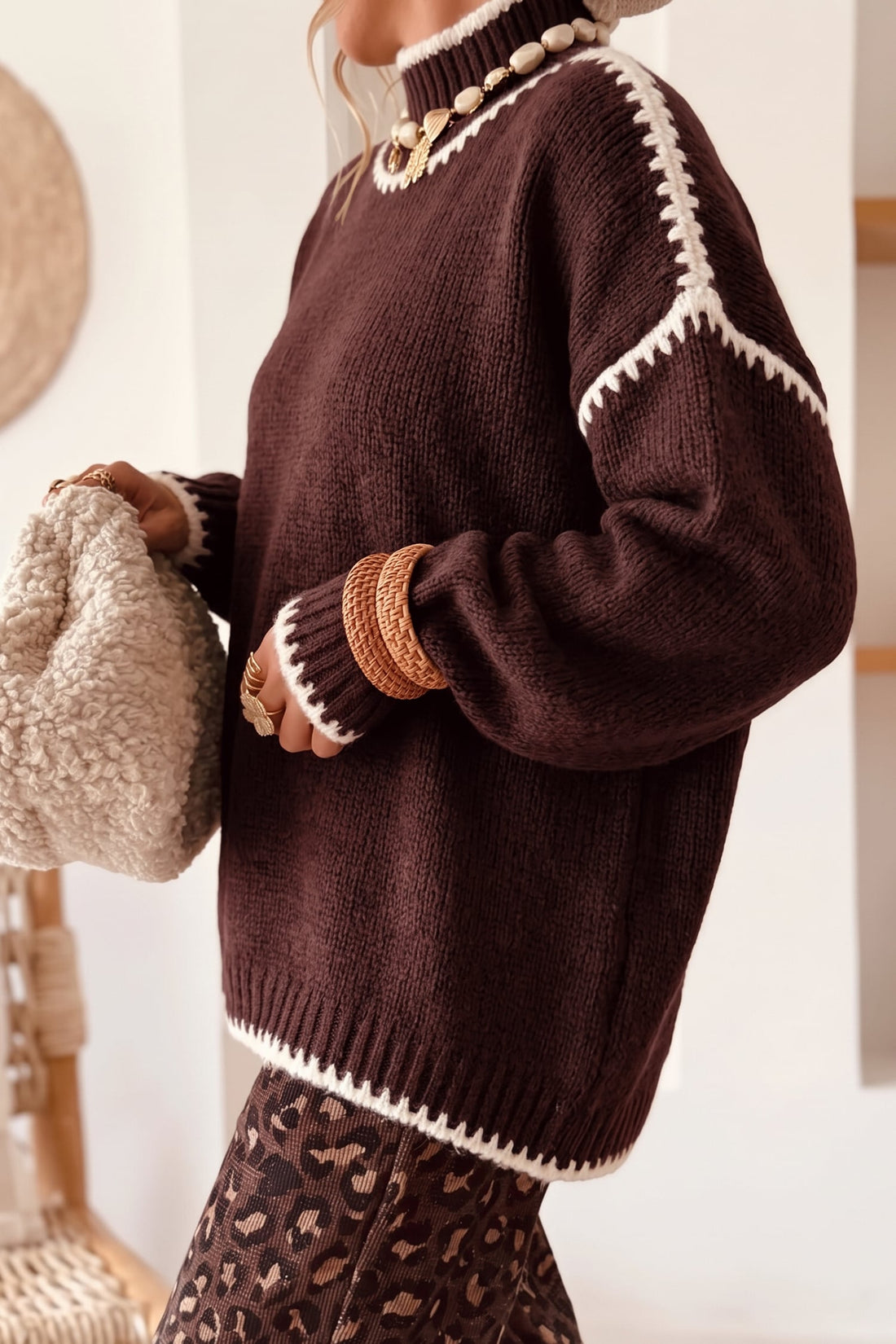 Coffee Contrast Trim Mock Neck Drop Shoulder Relaxed Sweater