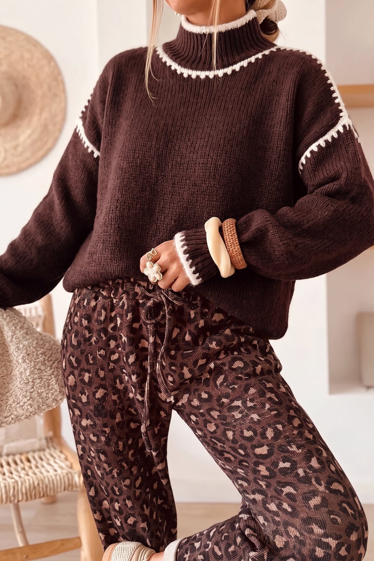 Coffee Contrast Trim Mock Neck Drop Shoulder Relaxed Sweater