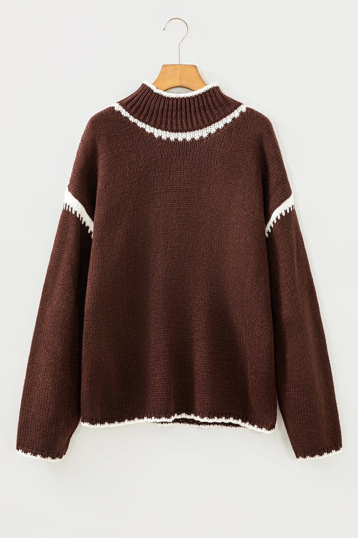 Coffee Contrast Trim Mock Neck Drop Shoulder Relaxed Sweater