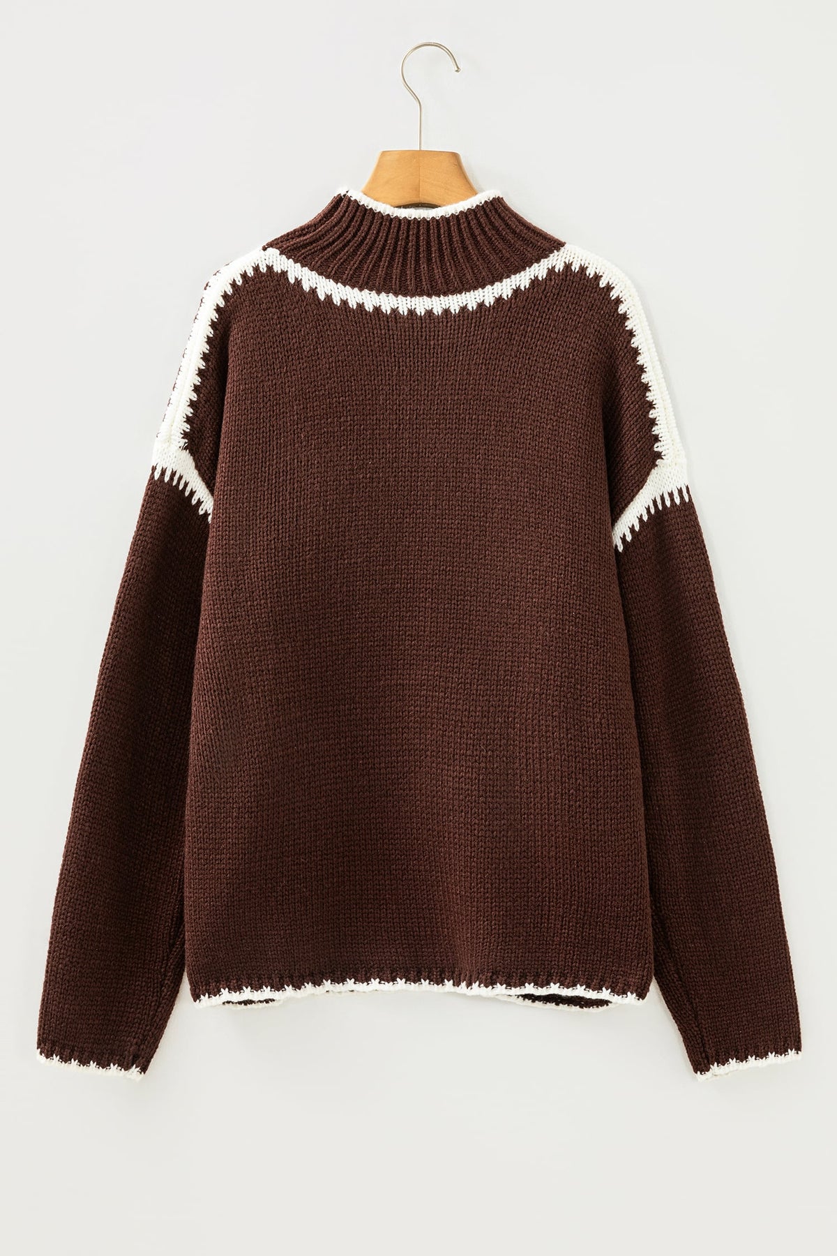 Coffee Contrast Trim Mock Neck Drop Shoulder Relaxed Sweater