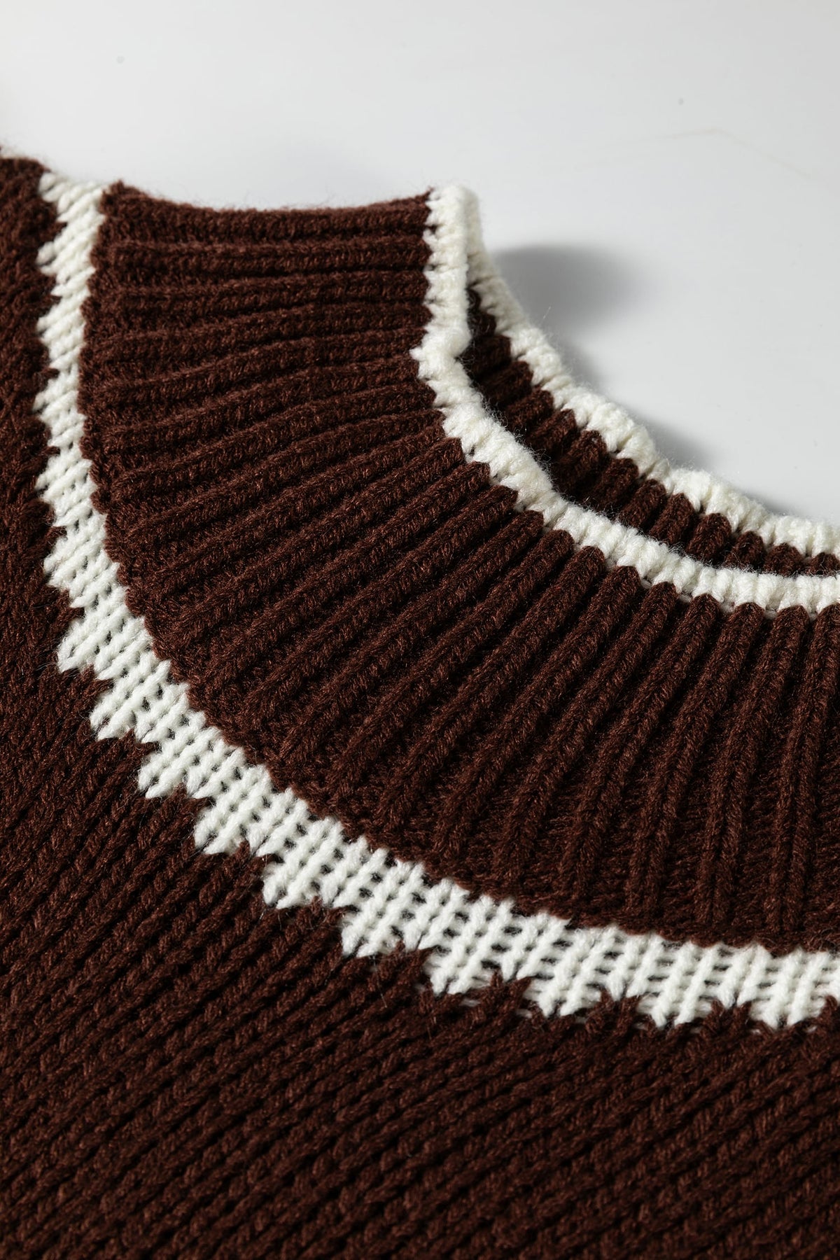 Coffee Contrast Trim Mock Neck Drop Shoulder Relaxed Sweater