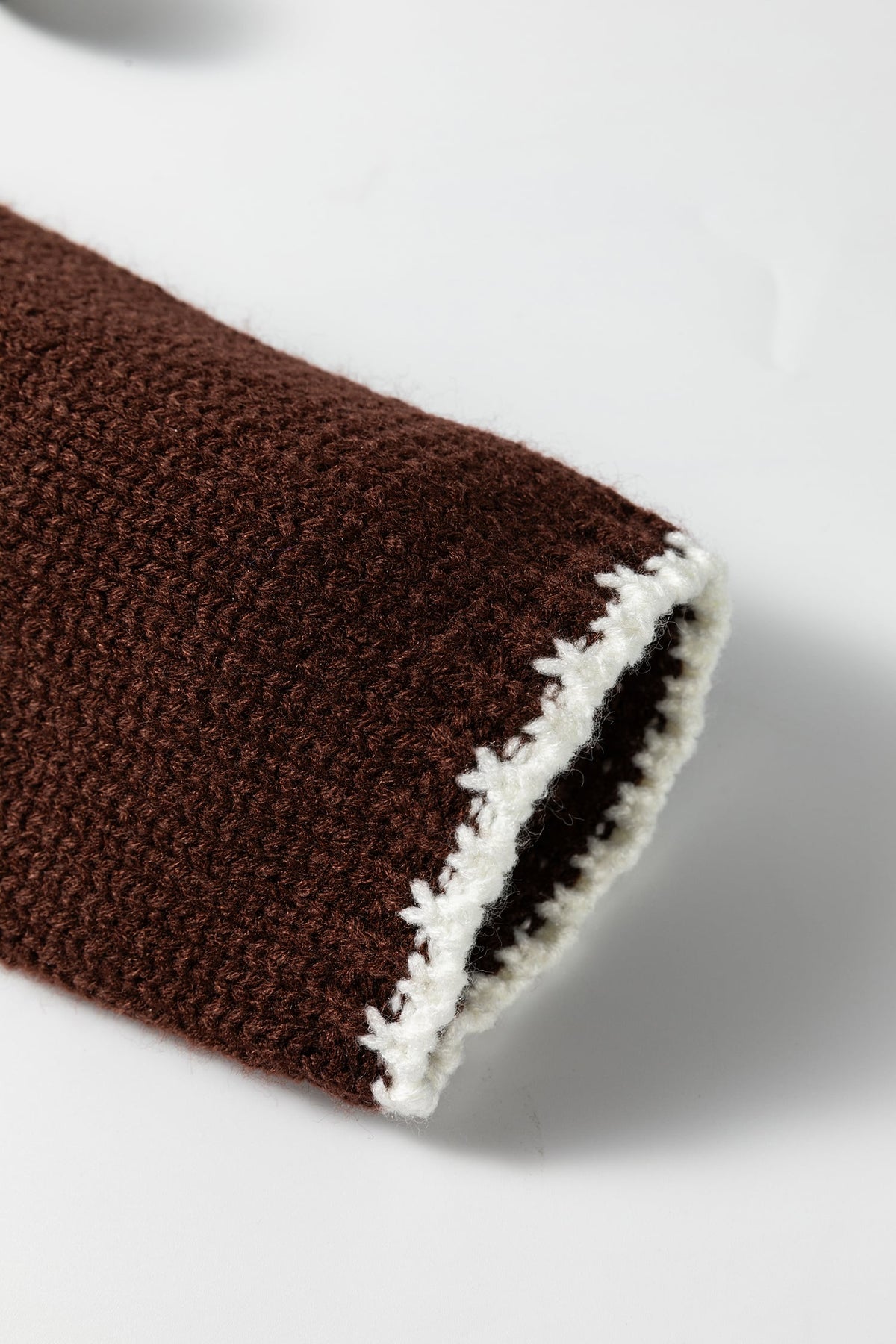 Coffee Contrast Trim Mock Neck Drop Shoulder Relaxed Sweater