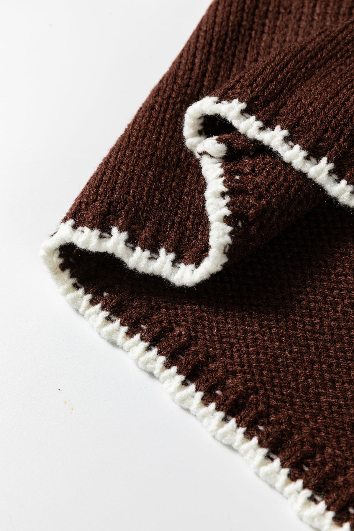 Coffee Contrast Trim Mock Neck Drop Shoulder Relaxed Sweater