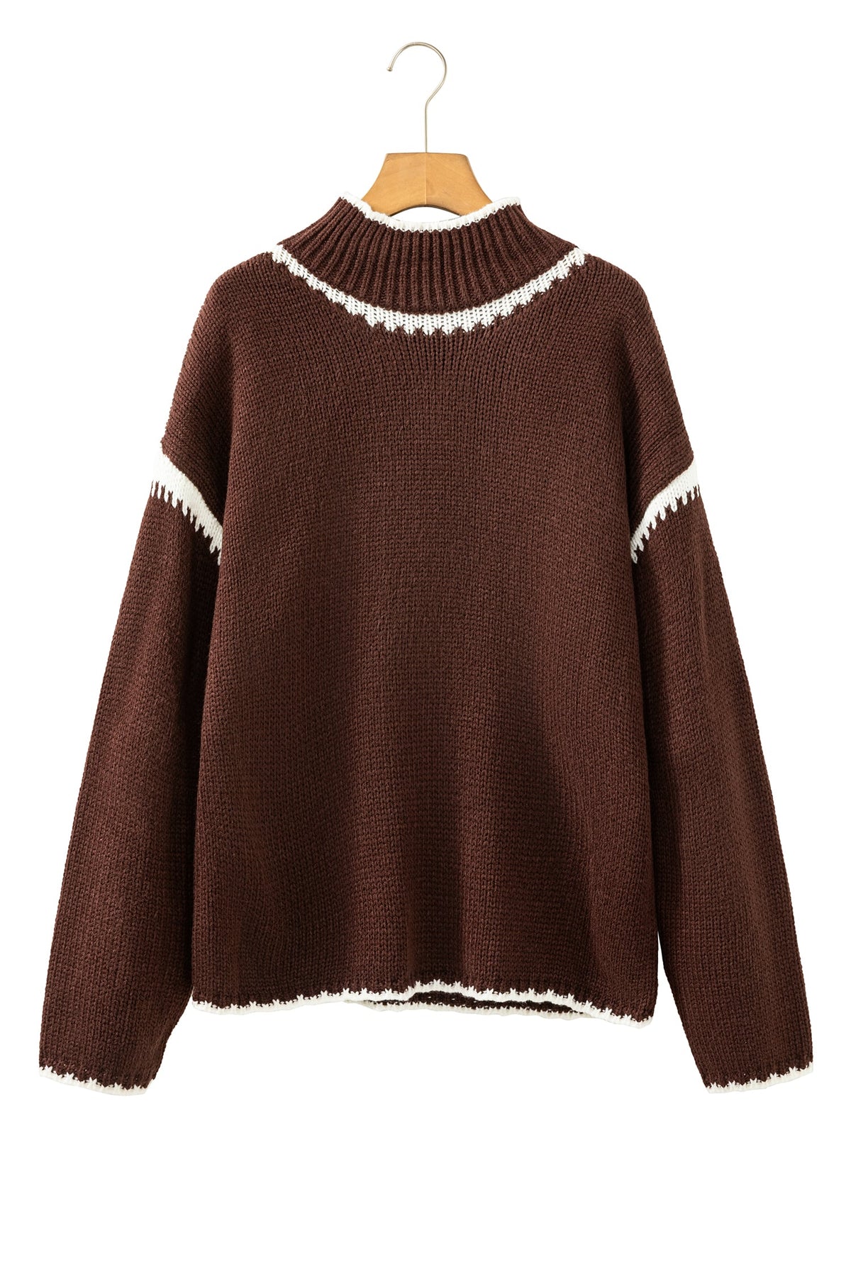 Coffee Contrast Trim Mock Neck Drop Shoulder Relaxed Sweater