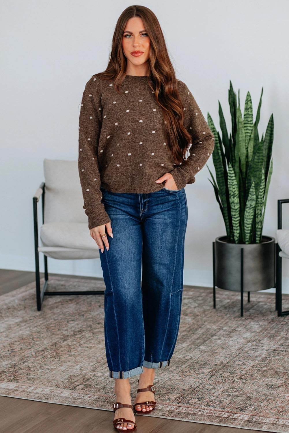 Coffee Dotted Print Ribbed Edge Knit Sweater