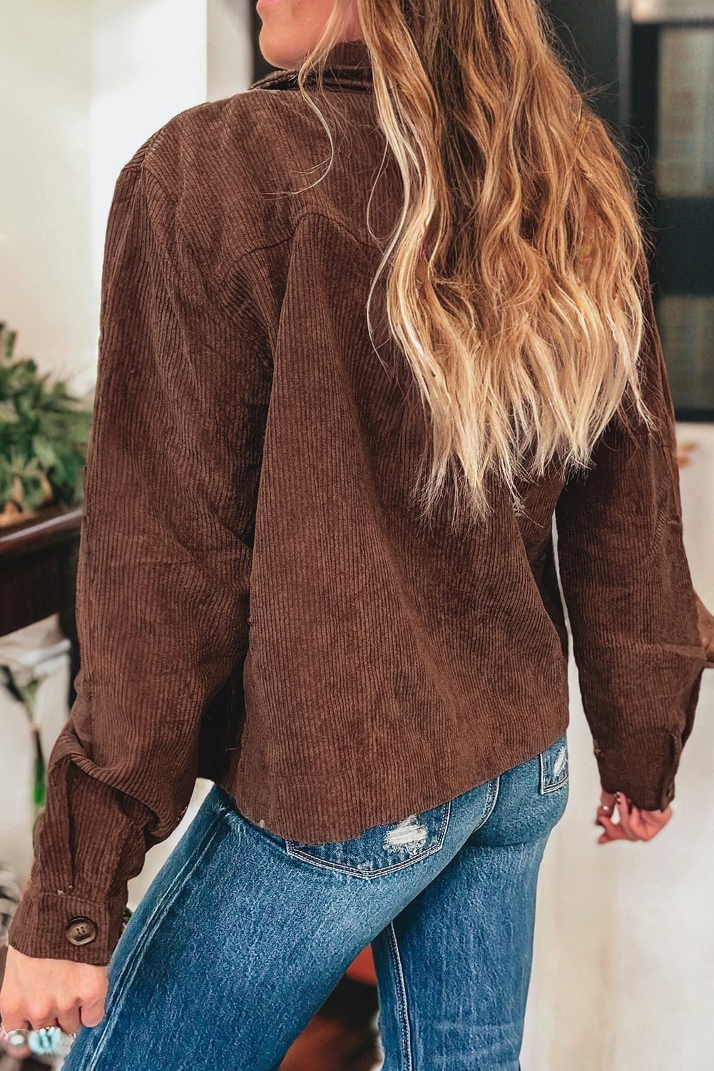 Coffee Floral Embroidered Collar Button Front Corduroy Jacket With Pocket