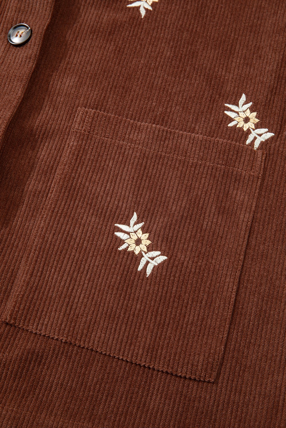 Coffee Floral Embroidered Collar Button Front Corduroy Jacket With Pocket