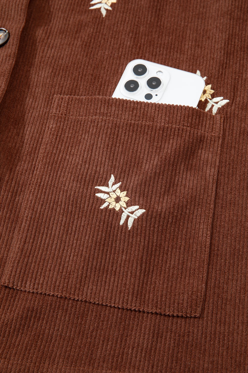 Coffee Floral Embroidered Collar Button Front Corduroy Jacket With Pocket