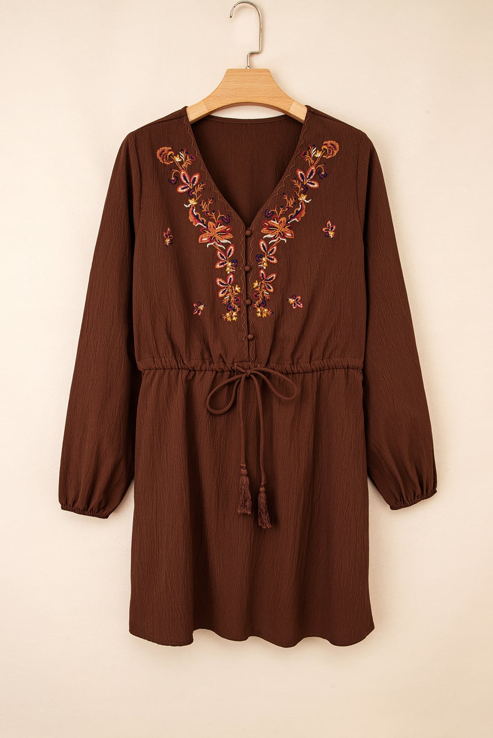 Burgundy Floral Embroidered Tassel Tie Waist Long Sleeve Mini Dress