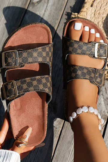 Coffee Geometric Print Cut Out Buckle PU Leather Flat Slippers