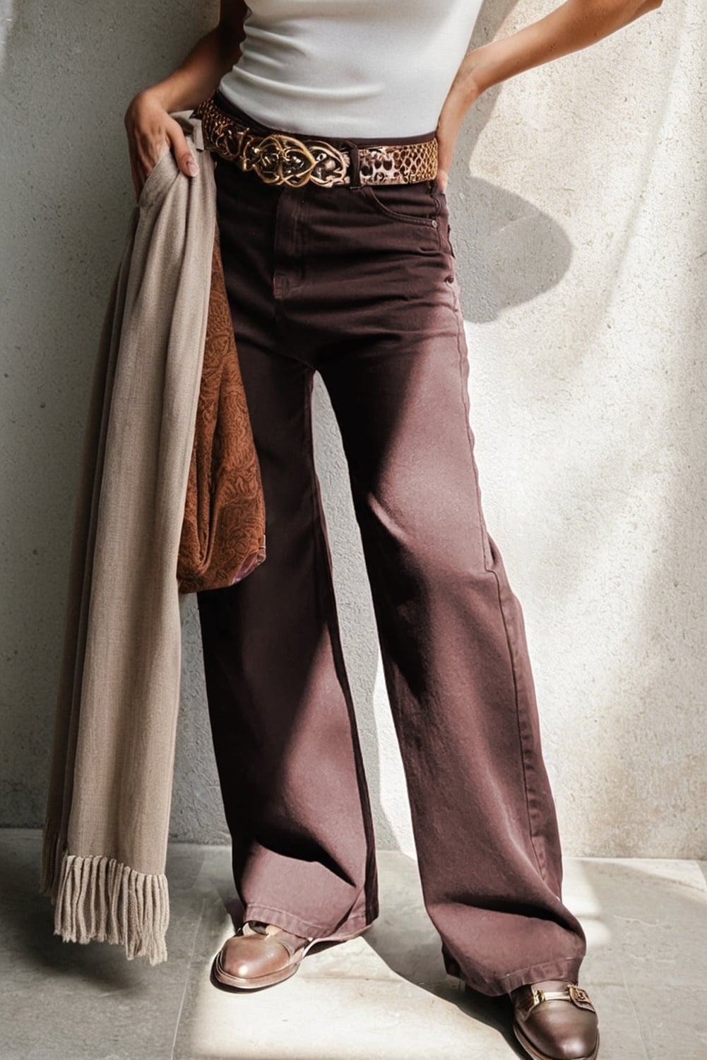 Coffee Loose Straight High Waist Solid Color Jeans