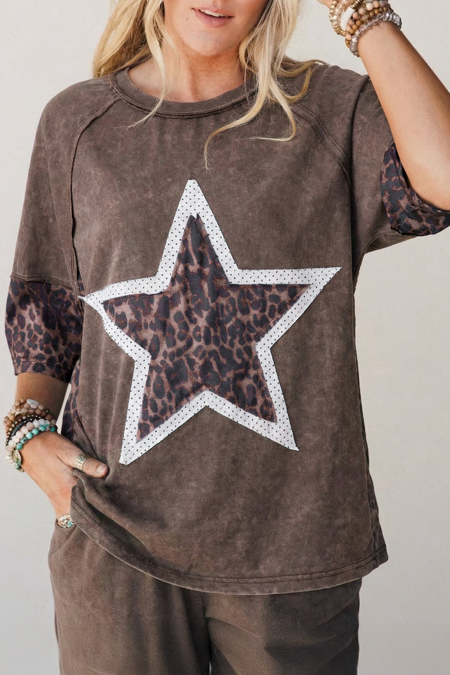 Coffee Mineral Wash Exposed Seam Leopard Star Patched T Shirt