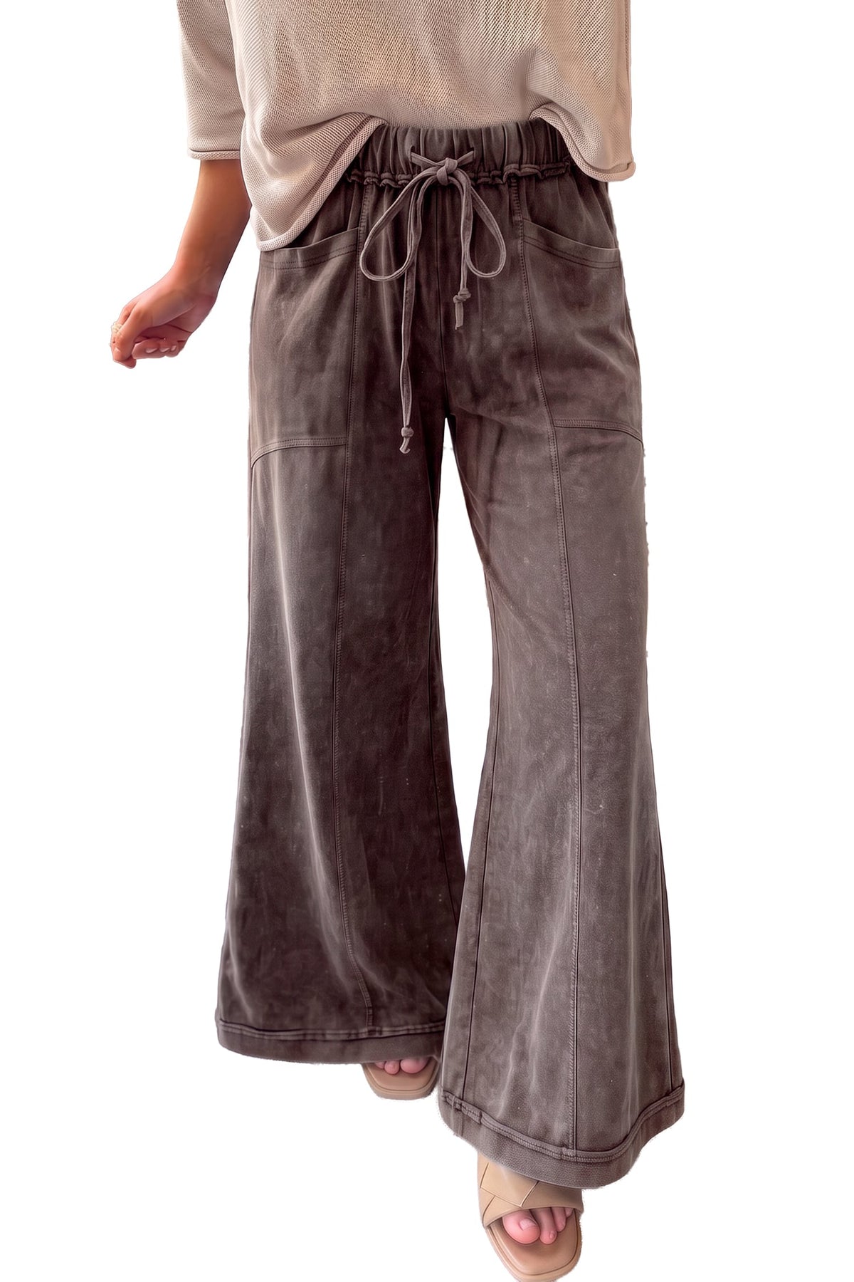 Coffee Mineral Wash Seam Detail Flare Leg Drawstring Pants
