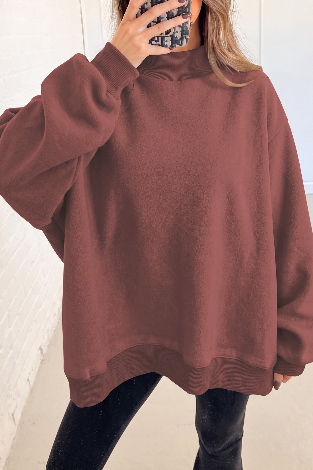 Coffee Oversize Drop Shoulder Reversible Mock Neck Sweatshirt
