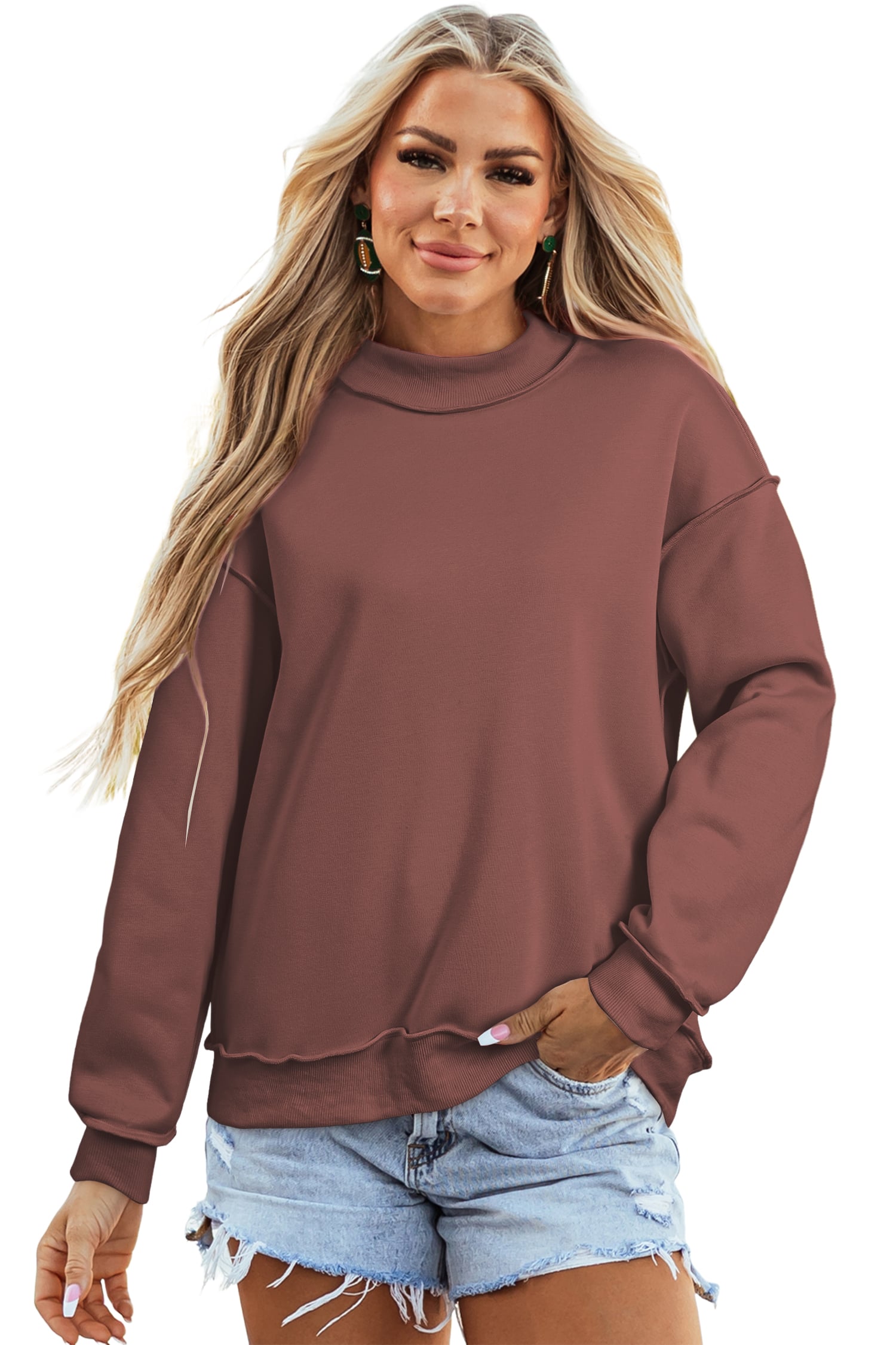 Coffee Oversize Drop Shoulder Reversible Mock Neck Sweatshirt
