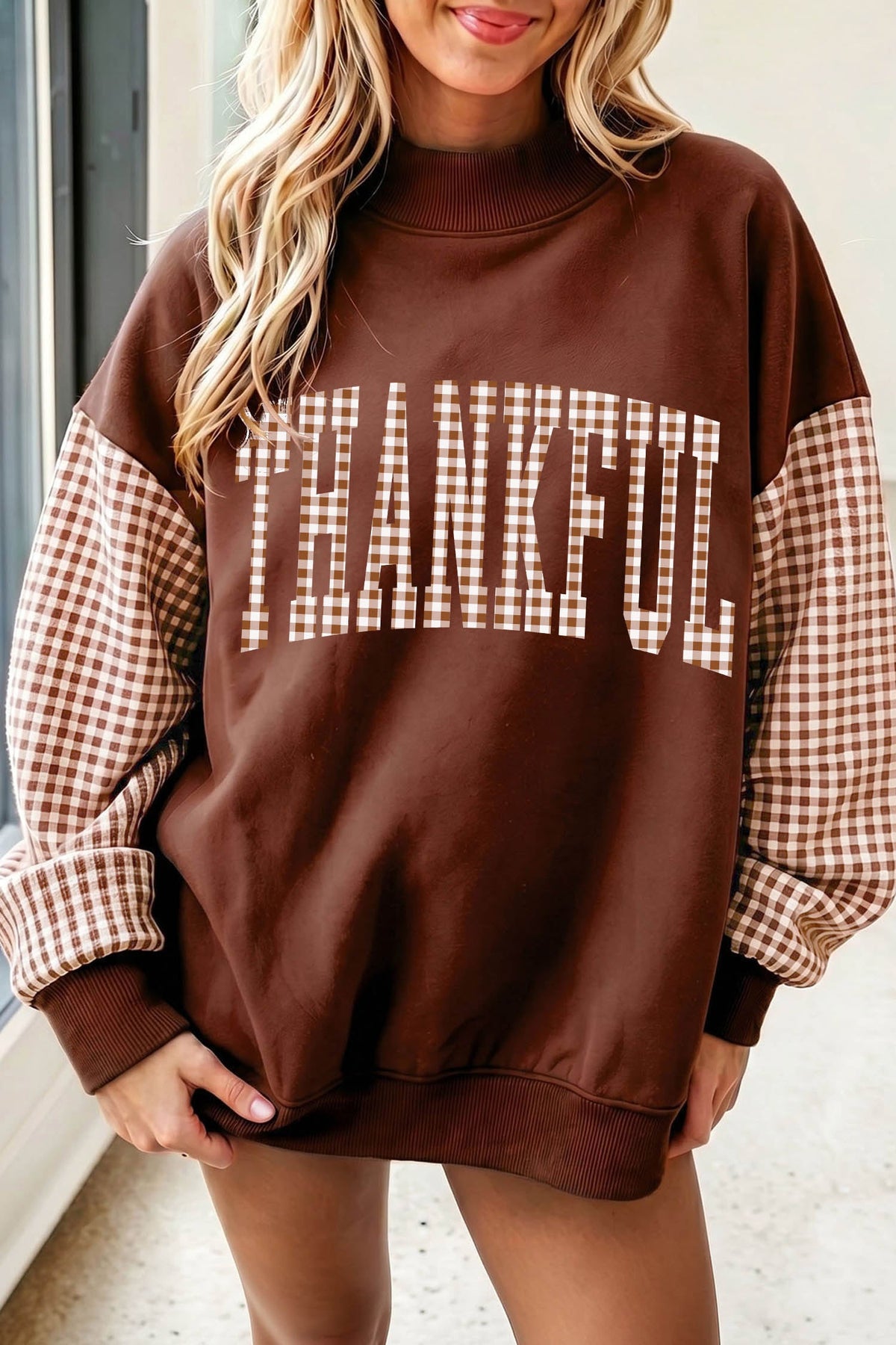 Coffee Plaid Thanksgiving Graphic Patchwork Sleeve Mock Neck Sweatshirt