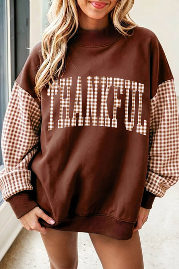 Coffee Plaid Thanksgiving Graphic Patchwork Sleeve Mock Neck Sweatshirt